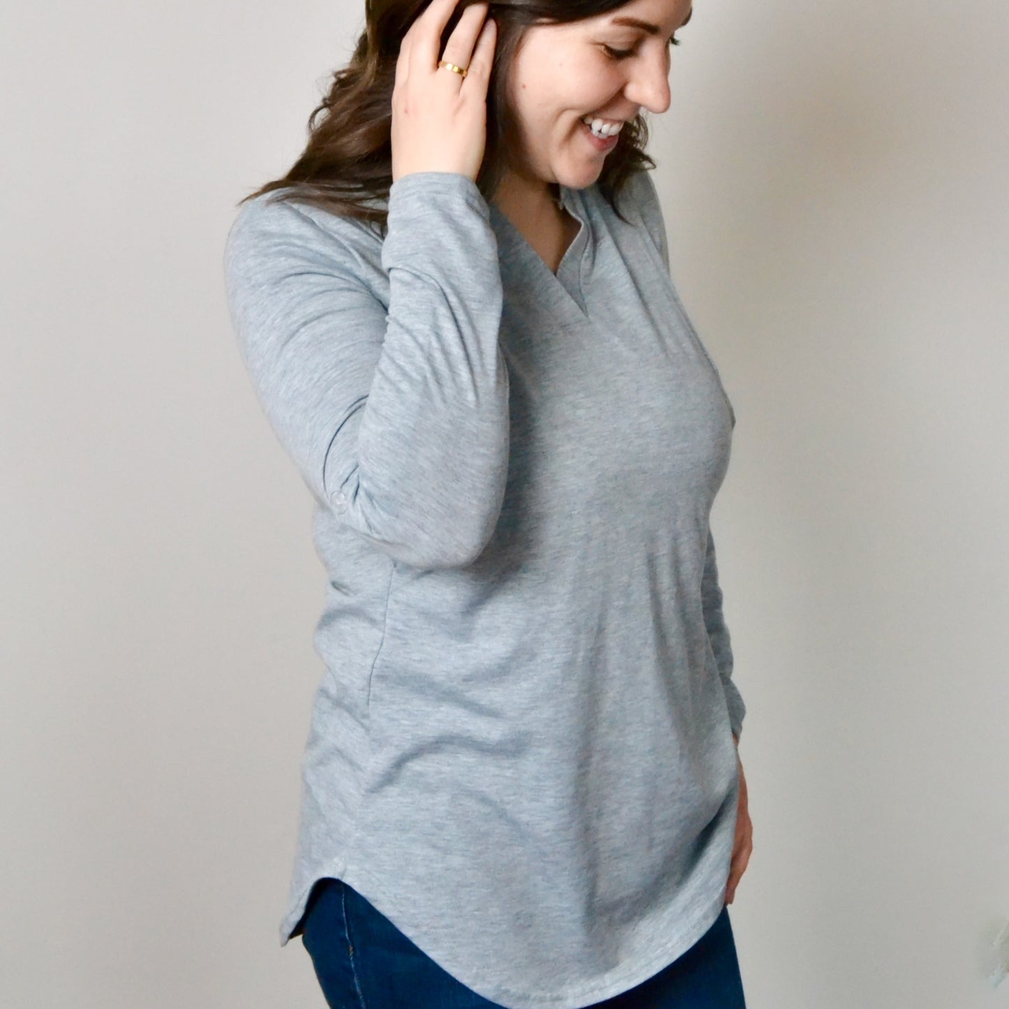 Gray long sleeve side access v-neck nursing top